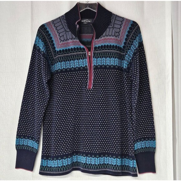 Eddie Bauer Blue Fair Isle Quarter Zip High Neck Preppy Knit Pullover Sweater - Picture 1 of 11